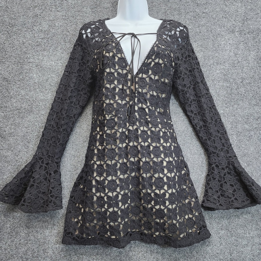 Free People Boho Crochet Lace Bell Sleeve Lace Up Mini Dress Women Size 10